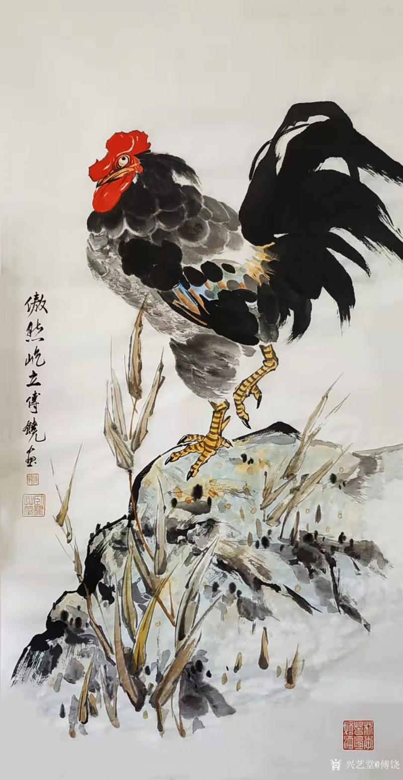 傅饶国画作品《鸡-傲然屹立》