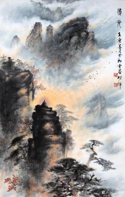 罗树辉日记-国画山水画松树《佛光》，罗树辉壬寅年春月作品，作品尺寸108X68CM；【图1】