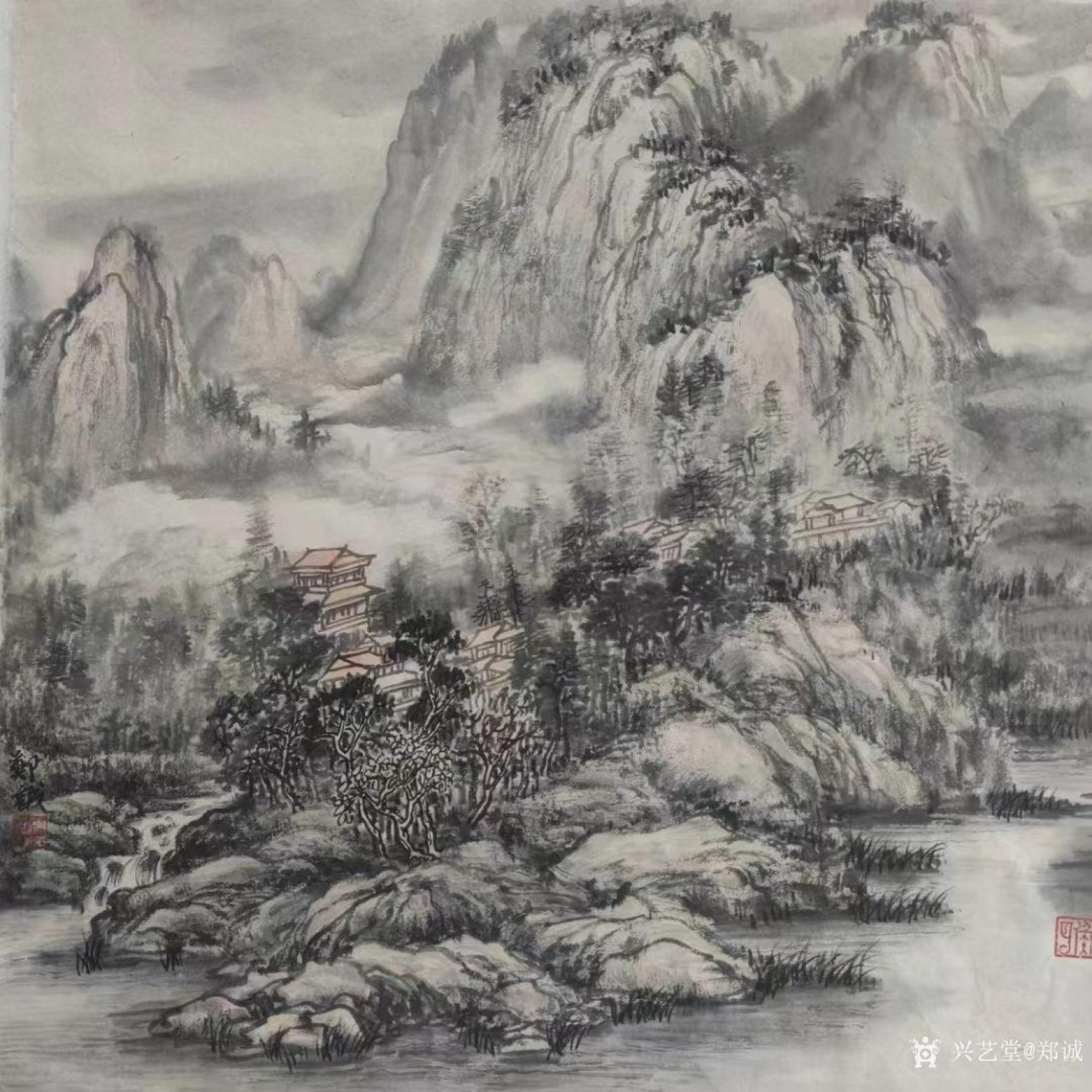 郑诚国画作品《山水-山居图》