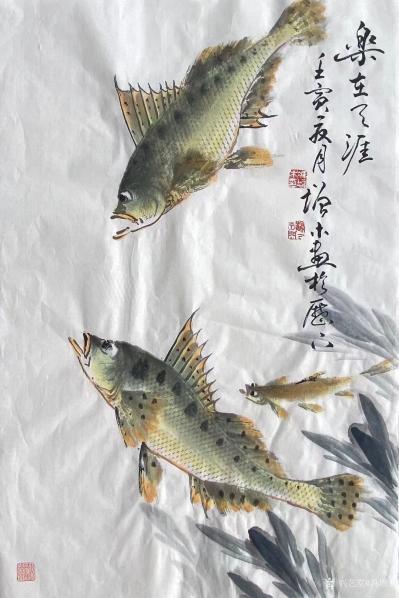 冯增木日记-国画花鸟画鱼系列作品《乐在天涯》，壬寅年夏月冯增木画。
墨稿染色技法，效果比较【图1】