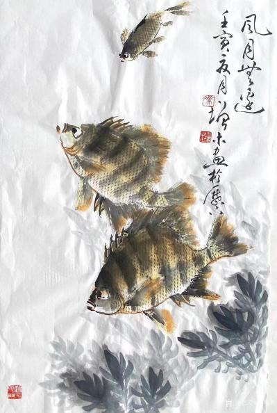 冯增木日记-国画花鸟画鱼系列作品《乐在天涯》，壬寅年夏月冯增木画。
墨稿染色技法，效果比较【图2】