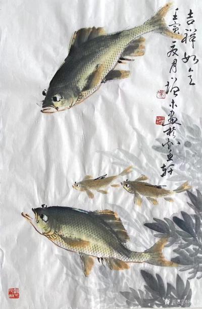 冯增木日记-国画花鸟画鱼系列作品《乐在天涯》，壬寅年夏月冯增木画。
墨稿染色技法，效果比较【图3】