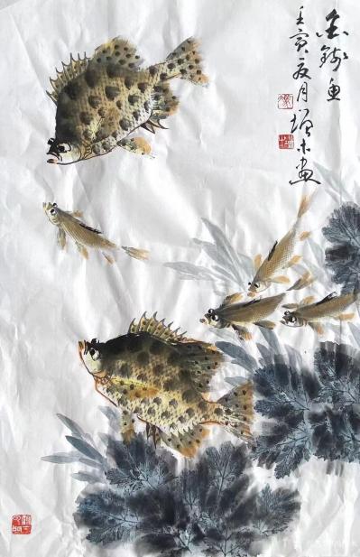 冯增木日记-国画花鸟画鱼系列作品《如鱼得水》，壬寅年夏月冯增木画。
以蒿叶拓印水草，比手绘【图3】