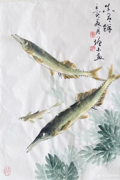 冯增木日记-国画花鸟画鱼系列作品《风波传情》，壬寅年夏月冯增木画。
墨稿染色，虽然多了一遍【图3】