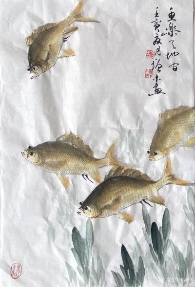 冯增木日记-国画花鸟画鱼系列作品《风波传情》，壬寅年夏月冯增木画。
墨稿染色，虽然多了一遍【图4】