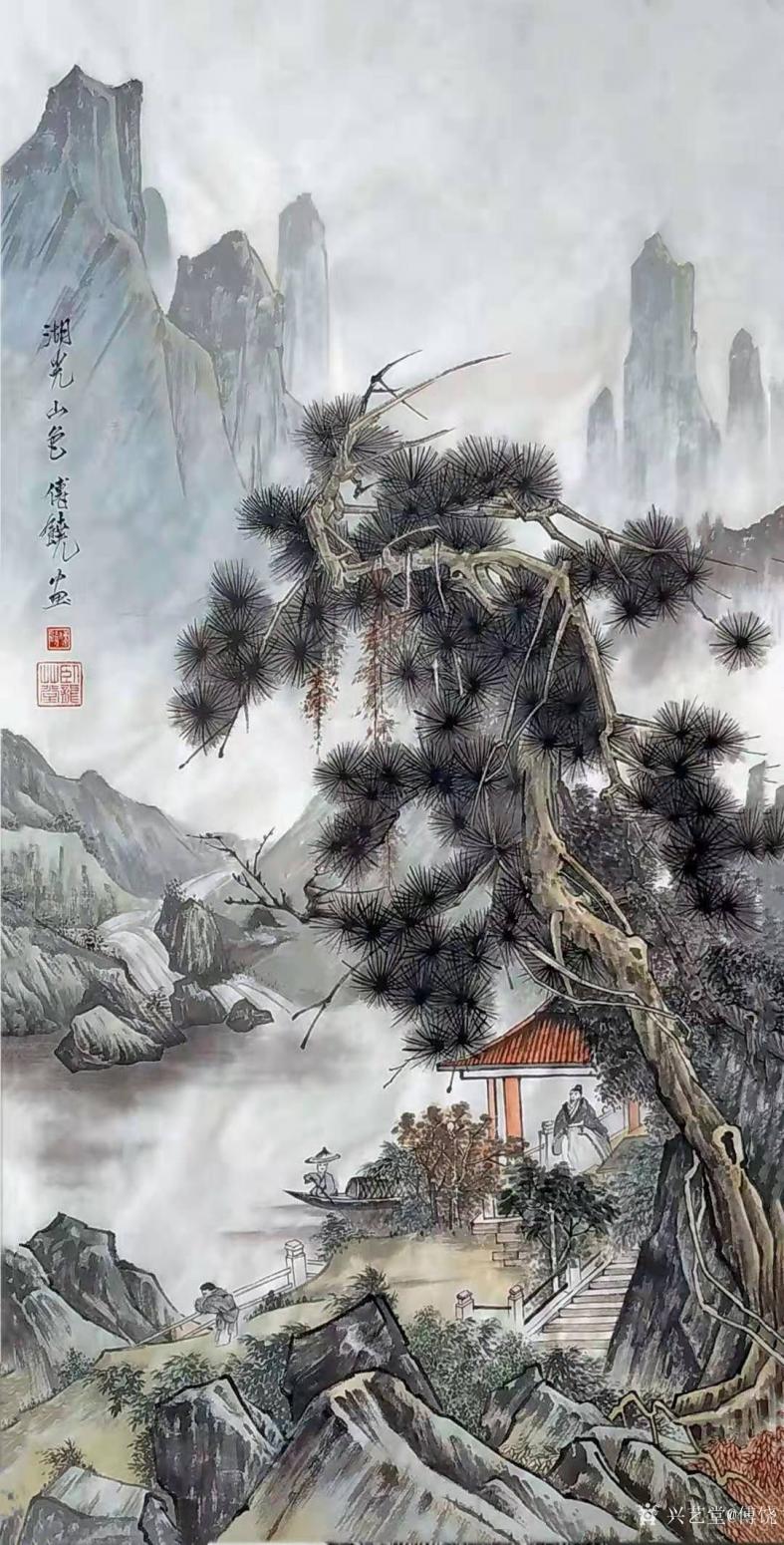 傅饶国画作品《山水-湖光山色》