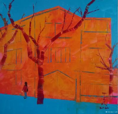 丁文辉日记-作品《邑之道7》
橙蓝互补述阴阳，对比之中见光芒。
行人午后家门过，婆娑背影【图1】