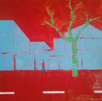 丁文辉日记-作品《邑之道3》
天地彩红间为蓝，春日发芽是三枝。
道路标识留白底，各色先涂【图1】