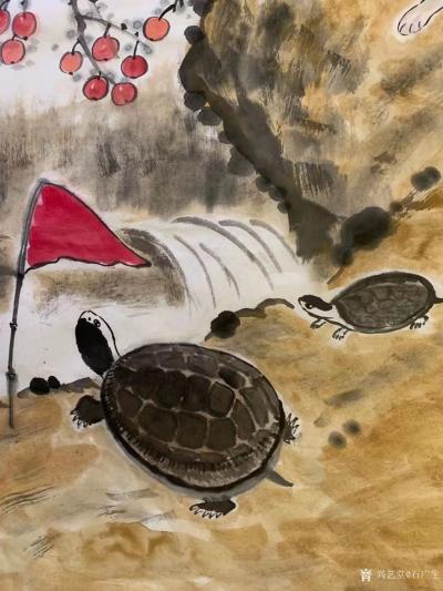 石广生日记-国画《龟兔赛跑》，壬寅年初秋，石广生画并题。
小兔中途被隔离，
乌龟侥幸夺红【图4】