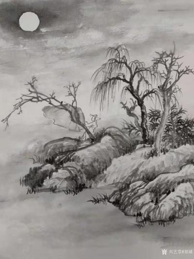 郑诚日记-国画水墨山水画作品两幅，分享品鉴。
一轮明月照古今，万千诗情共中秋……
云想【图1】