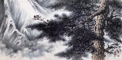 罗树辉日记-国画花鸟画四尺整纸《崖松飞瀑》，壬寅年秋月罗树辉创作。
借“大别山山人”瀑布诗【图1】