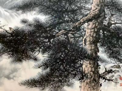 罗树辉日记-国画花鸟画四尺整纸《崖松飞瀑》，壬寅年秋月罗树辉创作。
借“大别山山人”瀑布诗【图2】