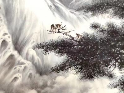 罗树辉日记-国画花鸟画四尺整纸《崖松飞瀑》，壬寅年秋月罗树辉创作。
借“大别山山人”瀑布诗【图3】