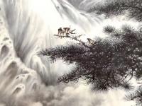 艺术家罗树辉日记:国画花鸟画四尺整纸《崖松飞瀑》，壬寅年秋月罗树辉创作。
借【图2】