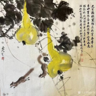 石广生日记-周末戏墨，山风兄画葫芦，余添松鼠，并题诗补白。诗曰：
七绝 自题葫芦松鼠图
【图1】