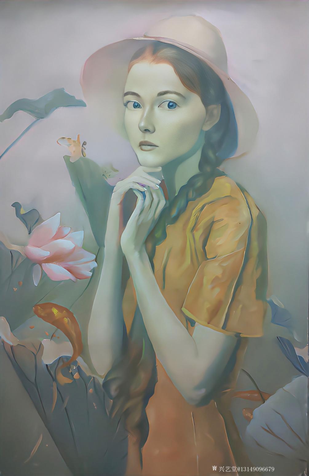 13149096679油画作品《美女与荷花》