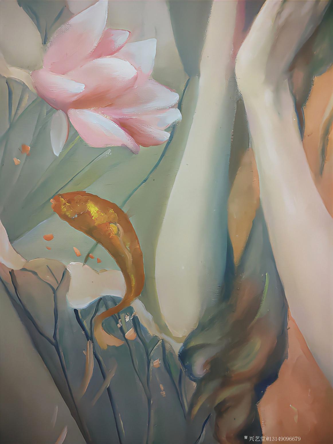 13149096679油画作品《美女与荷花》【图1】