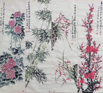 武凉居士【魏天兴】日记-国画花鸟画梅兰竹菊四屏条； 尺寸为120x34cm 。
梅兰竹菊四君子是办公室【图1】