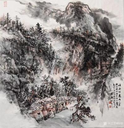 阎敏日记-国画版画《峡谷深处有人家》，阎敏葵卯年画於深圳宝安，素材来源太行山大峡谷。
国【图1】