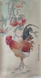 汪林国画《工笔-鸡石榴》