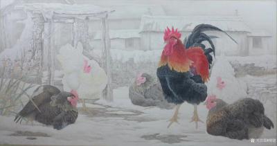 傅饶日记-国画工笔花鸟画鸡《一家子》，傅饶工笔花鸟画作品。
今朝鸡鸣雪花白
未见伊人踏【图2】