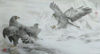 傅饶日记-国画工笔花鸟画鸡《一家子》，傅饶工笔花鸟画作品。
今朝鸡鸣雪花白
未见伊人踏【图3】