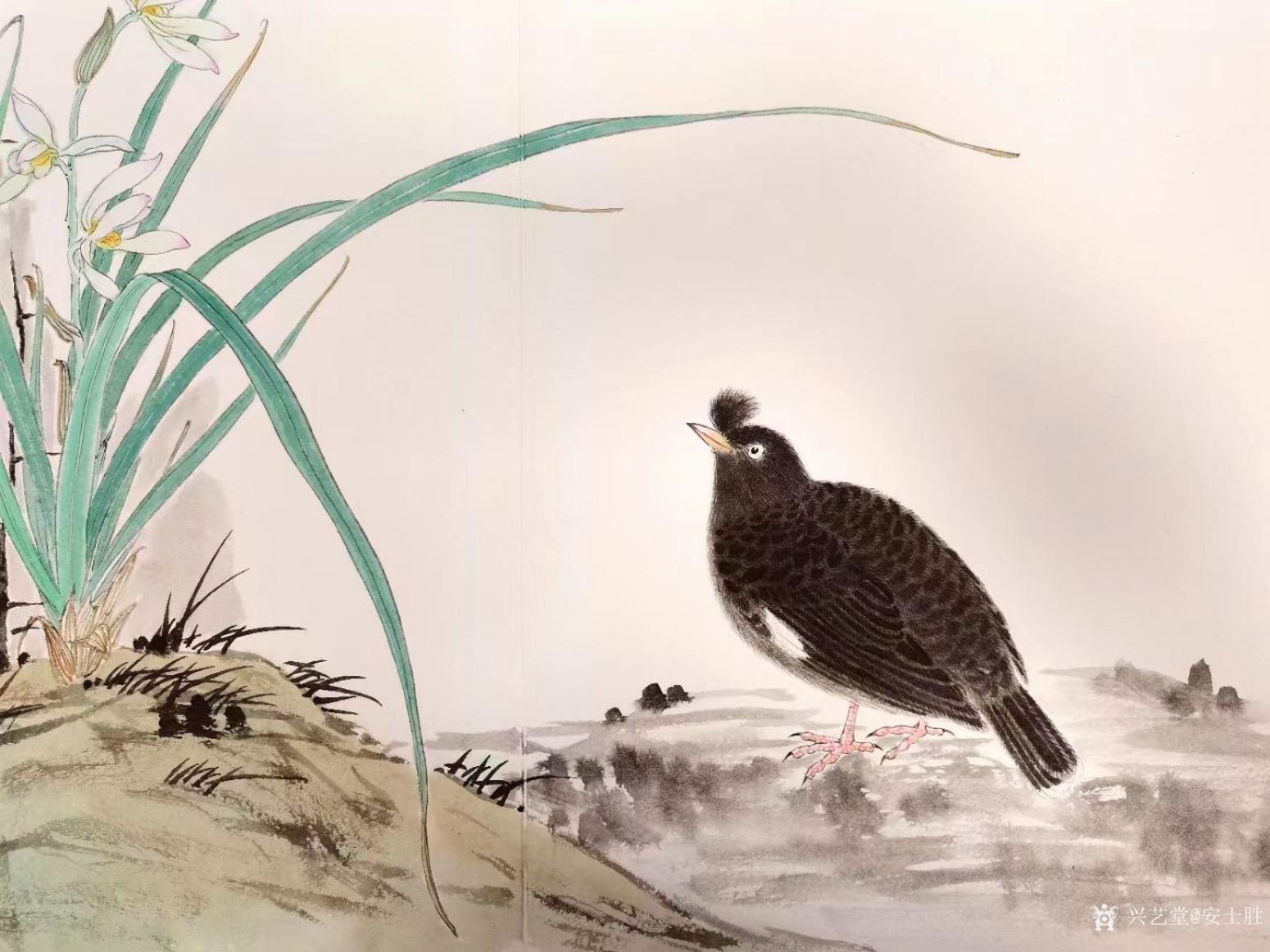 安士胜国画作品《花鸟-水仙八哥》