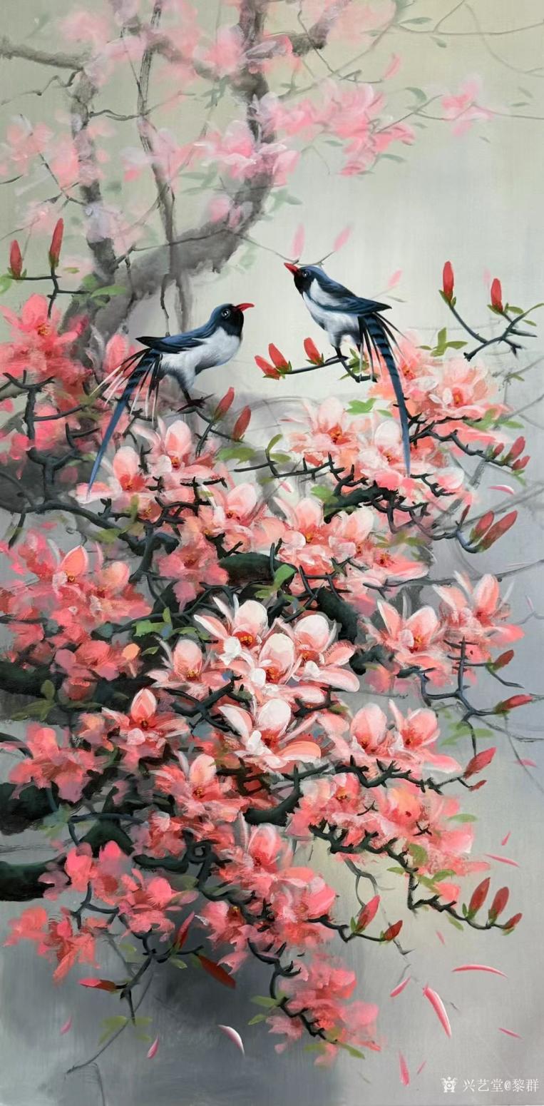 黎群油画作品《喜上枝头》