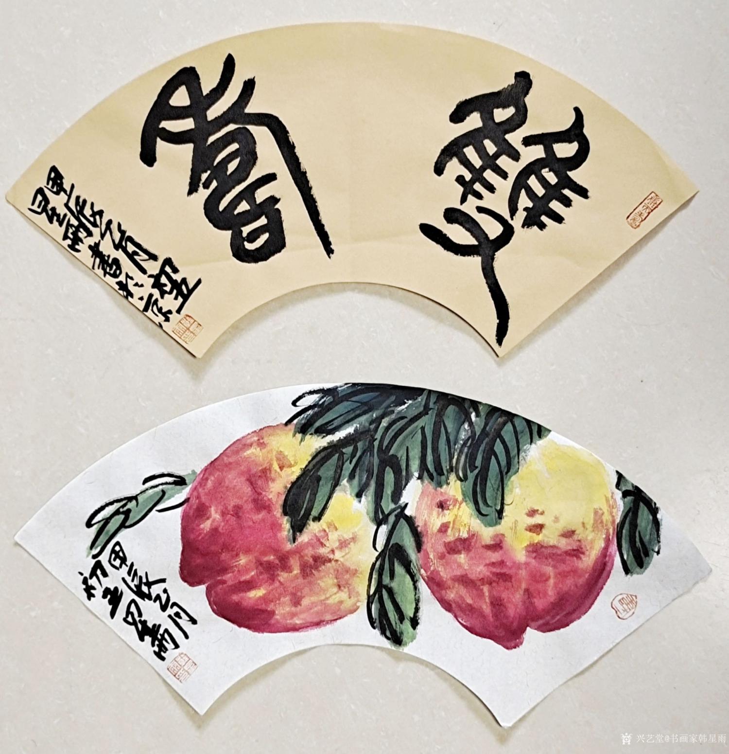 书画家韩星雨国画作品《《双寿图》扇面书➕画》