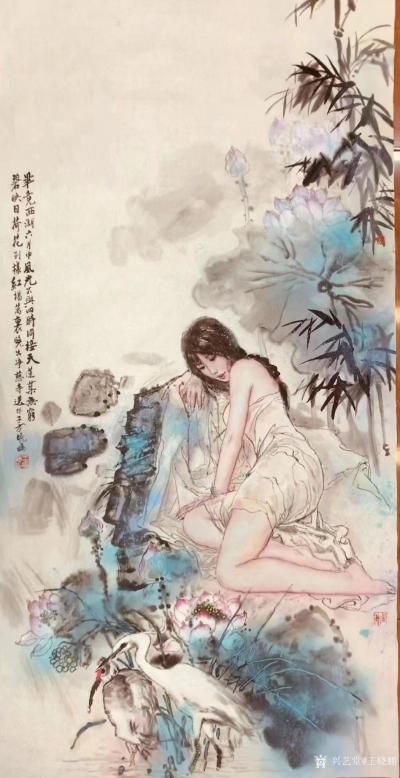 王晓鹏日记-国画美女人物画《映日荷花别样红》，甲辰年春月王晓鹏作。
诗录宋杨万里《晓出净慈【图1】