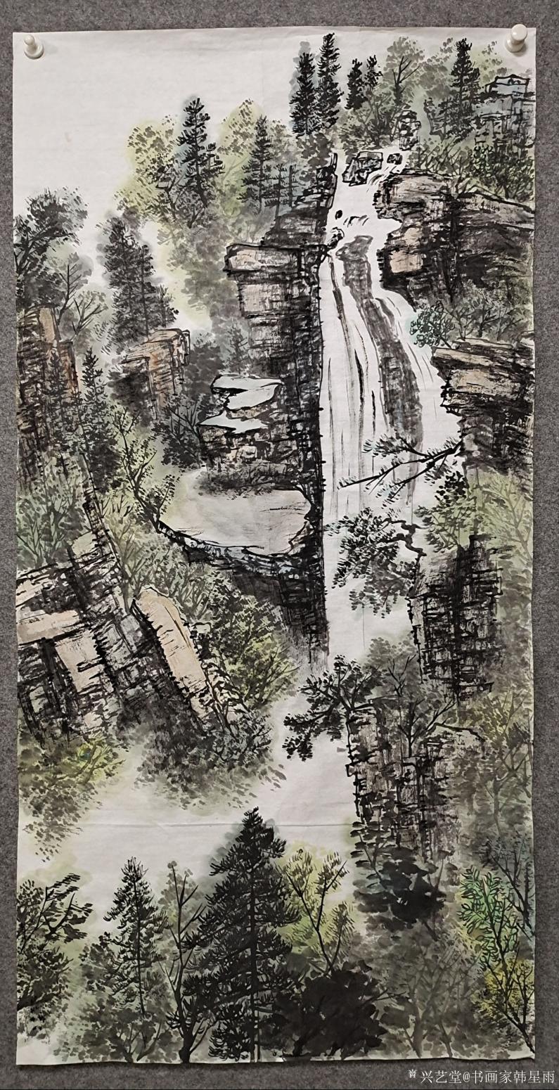 书画家韩星雨国画作品《山水《山涧飞瀑》中堂》【图0】