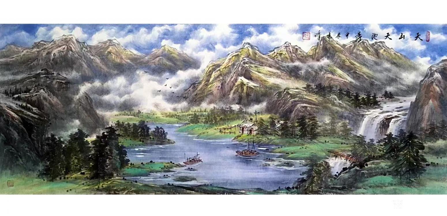 袁峰油画作品《天山天池秀》