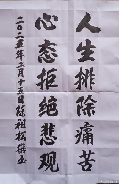 陈祖松日记-书法作品：
人生排除痛苦；心态拒绝悲观。
    这是一对很好的对联，体现了【图1】