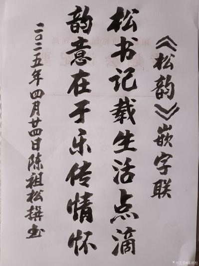 陈祖松日记-书法作品
为《松韵》书籍撰嵌字联：
松书记载生活点滴；
韵意在于乐传情怀。【图1】