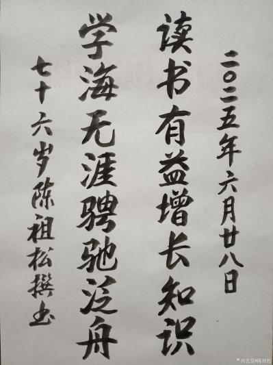 陈祖松日记-书法作品
读书有益增长知识；
学海无涯骋驰泛舟。
    陈祖松先生这副对【图1】