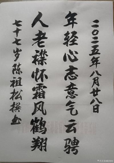 陈祖松日记-书法作品
年轻心志意气云骋；人老襟怀霜风鹤翔。
    陈祖松的八字联“年轻【图1】