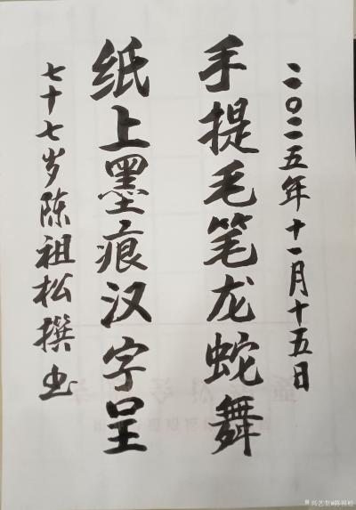 陈祖松日记-今天撰联
手提毛笔龙蛇舞;纸上墨痕汉字呈。
  陈祖松七字联