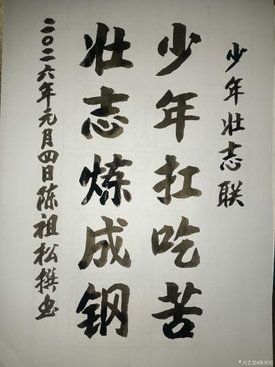 陈祖松日记-书法作品:少年壮志联:
少年扛吃苦;
壮志炼成钢。
  ‌陈祖松五言对联深【图1】