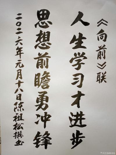 陈祖松日记-“向前”联
人生学习才进步;
思想前瞻勇冲锋。
  ‌陈祖松“向前”七字联【图1】