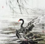 袁峰日志-国画花鸟画《黑天鹅》三幅，尺寸68x68cm，祝福成双成对，【图1】
