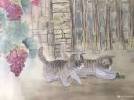 汪林日志-国画花鸟工笔画《小伙伴》，双猫图戏蝗图，尺寸160x69cm【图4】