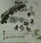 荆古轩日志-国画水墨画《雏鸡争春》，四尺斗方小品。【图1】