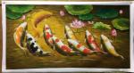 黎群日志-《九鱼戏莲》系列油画欣赏，尺寸60X120㎝，碧绿的荷叶，舞【图1】
