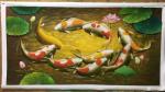 黎群日志-《九鱼戏莲》系列油画欣赏，尺寸60X120㎝，碧绿的荷叶，舞【图4】