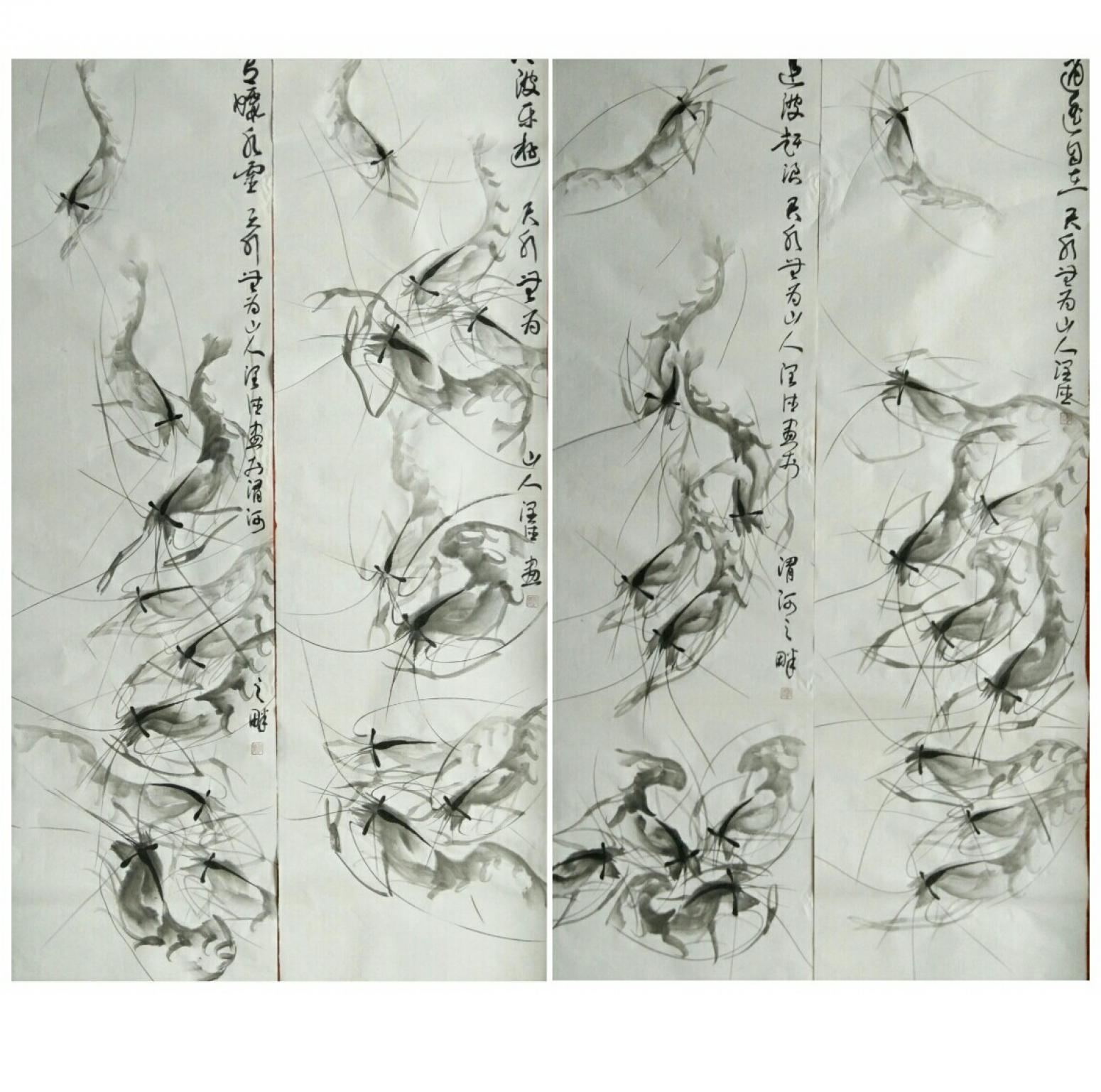 胡小炜（润德）国画作品《墨虾》