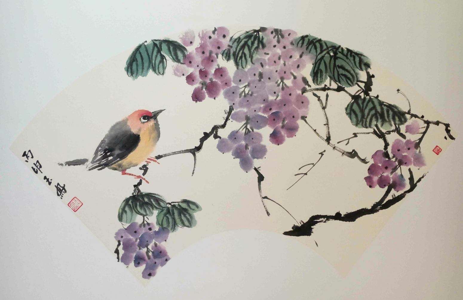 李玉凤国画作品《小鸟葡萄扇面》