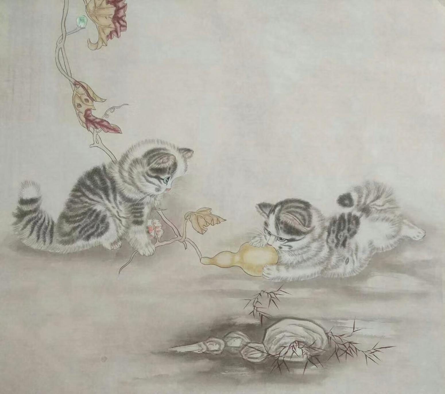 石海博国画作品《猫咪嬉戏图》