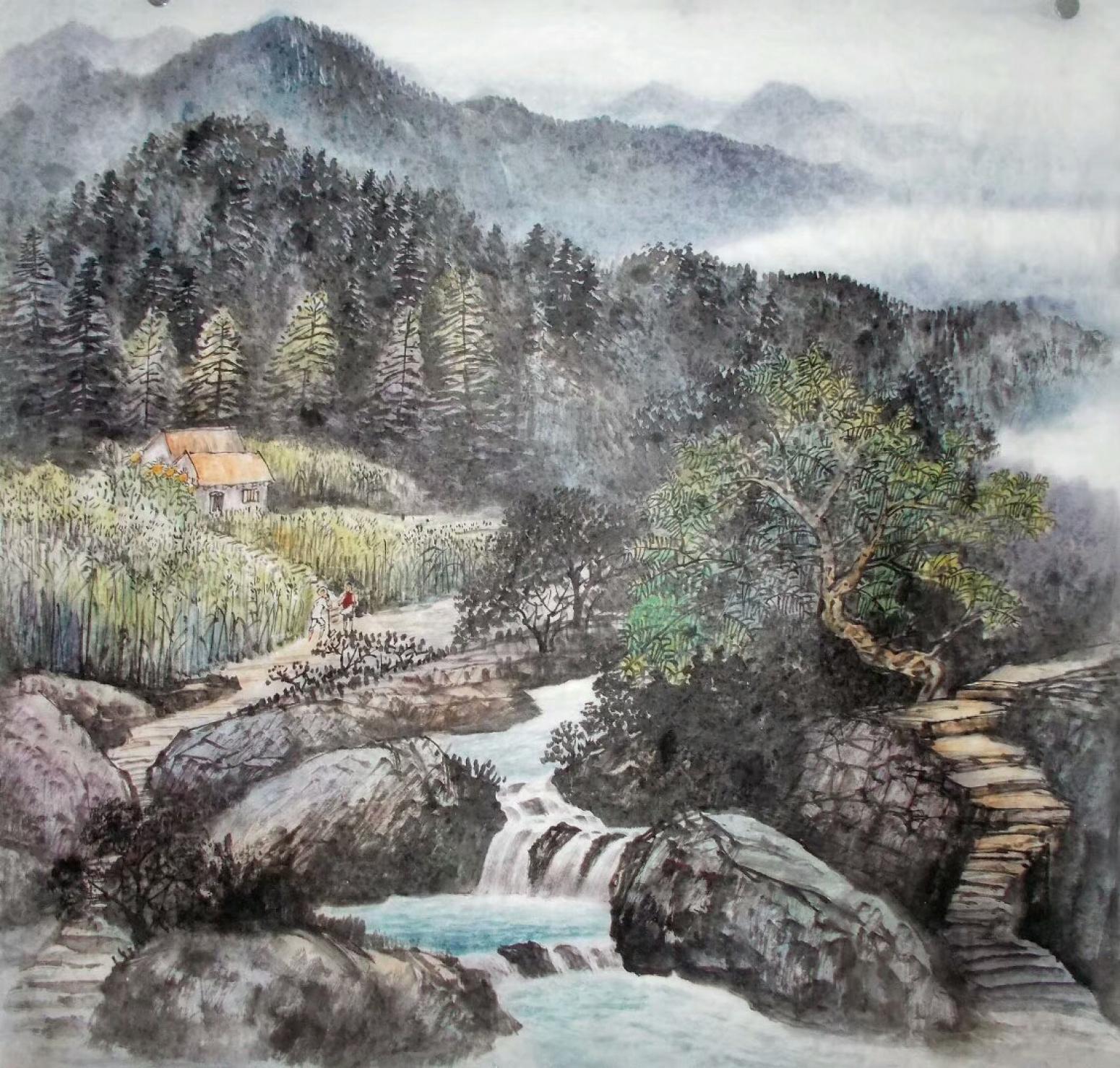 严巍国画作品《《地头相遇话农忙》》【图0】