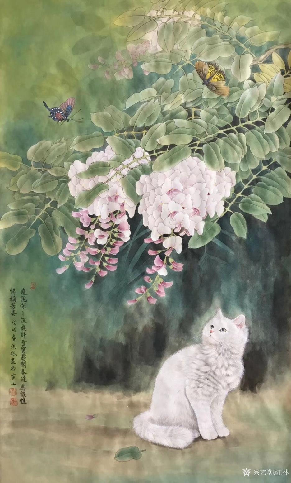 汪林国画作品《赏花观蝶》