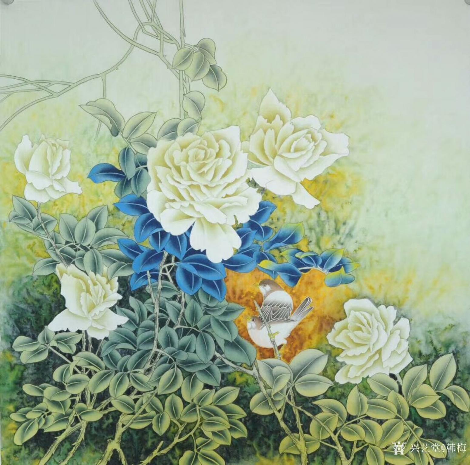 韩梅国画作品《鸟语花香》